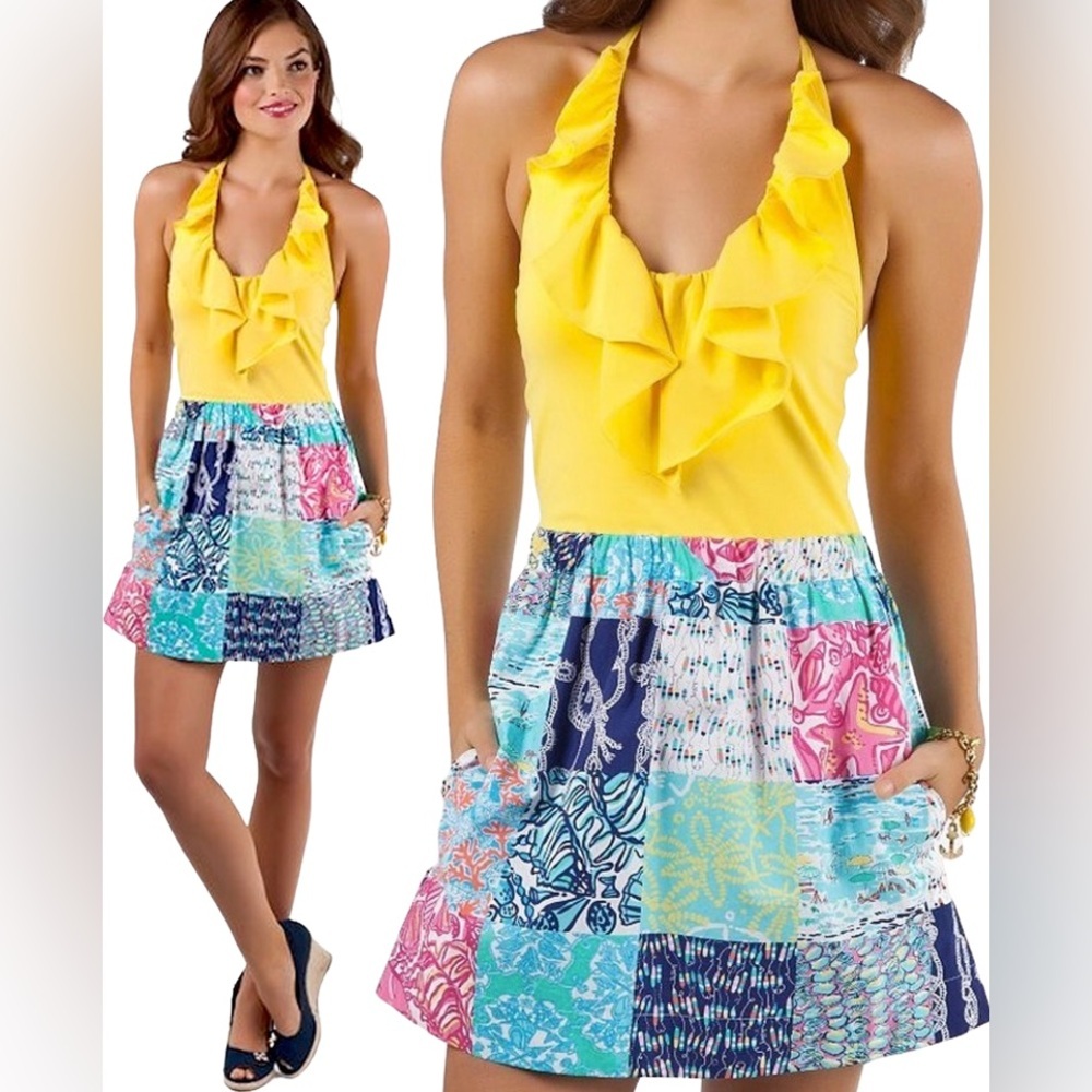 Lilly Pulitzer Quinn Multi Sailor Patch Canary Yellow Ruffle Halter Dress size L